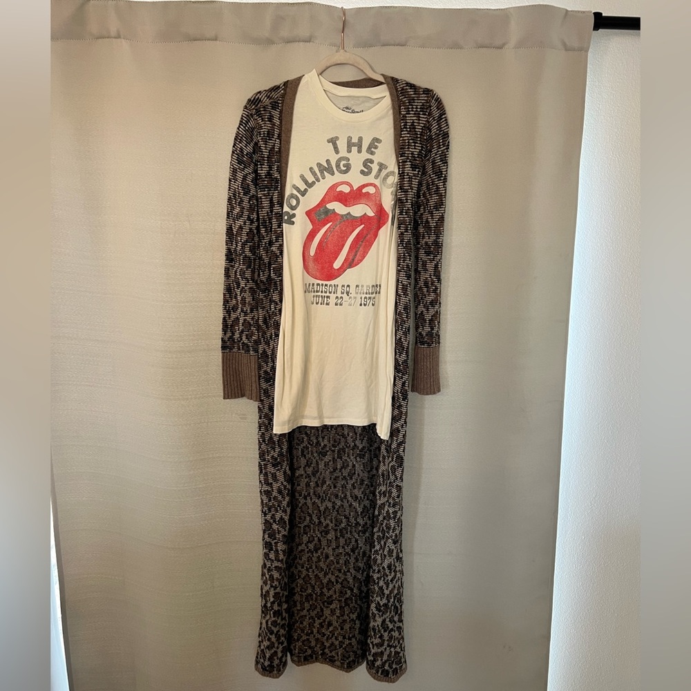 Leopard free people duster sweater and Rolling Stones t shirt dress